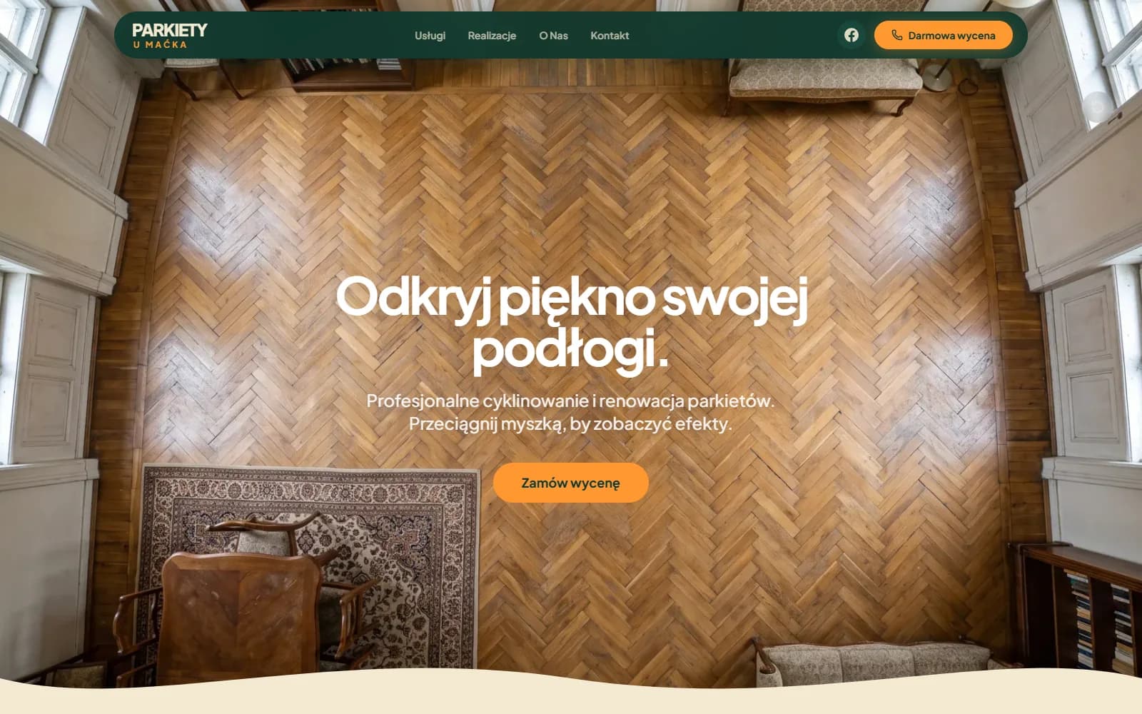 Strona Parkiety u Maćka prezentująca renowację drewnianych podłóg
